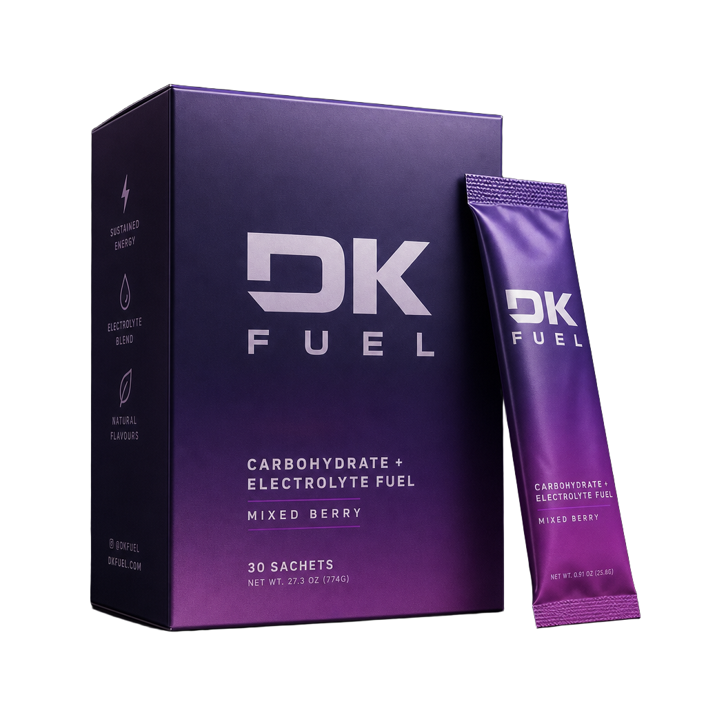 DK FUEL carbohydrate and electrolyte fuel box with a mixed berry sachet
